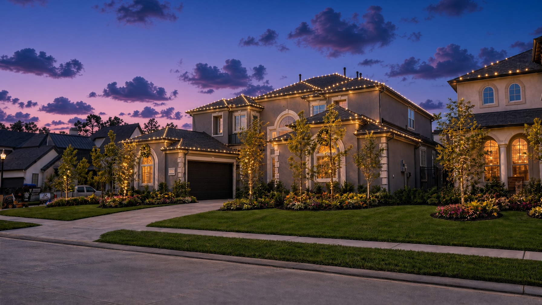 House outlined with warm white holiday lights at dusk
