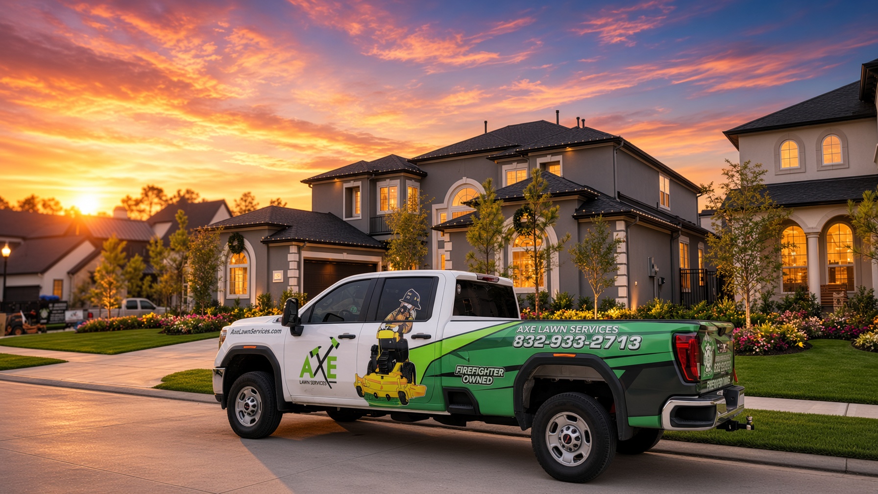 Axe truck parked in front of a house at sunset
